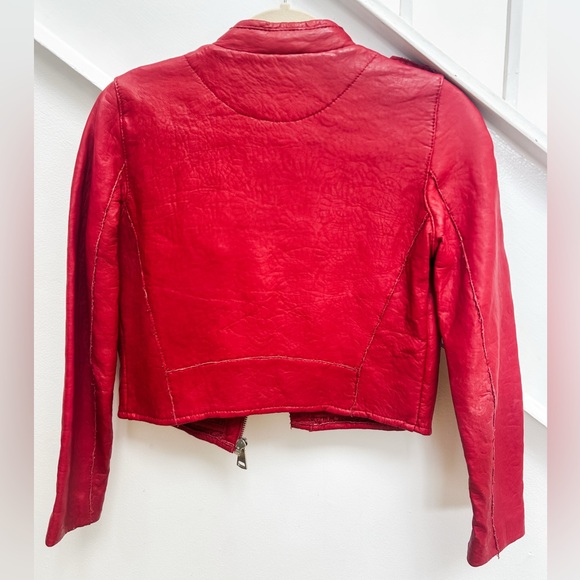 MAJE RED CROPPED LAMBSKIN LEATHER MOTO BIKER FLORAL LINED JACKET FR 36 S… - Picture 2 of 4